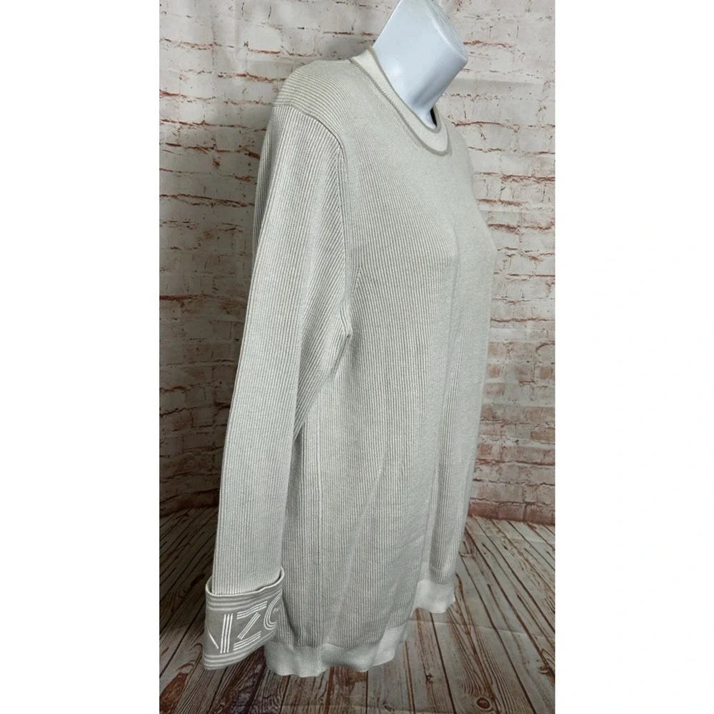 Kenzo Paris Beige Cotton Ribbed Sweater Sz Small Oversized Logo Cuffs Designer
